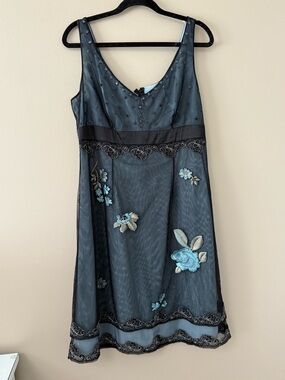 Adrianna Papell Black Mesh Dress with Pale Blue Lining and Beaded Trim Accents